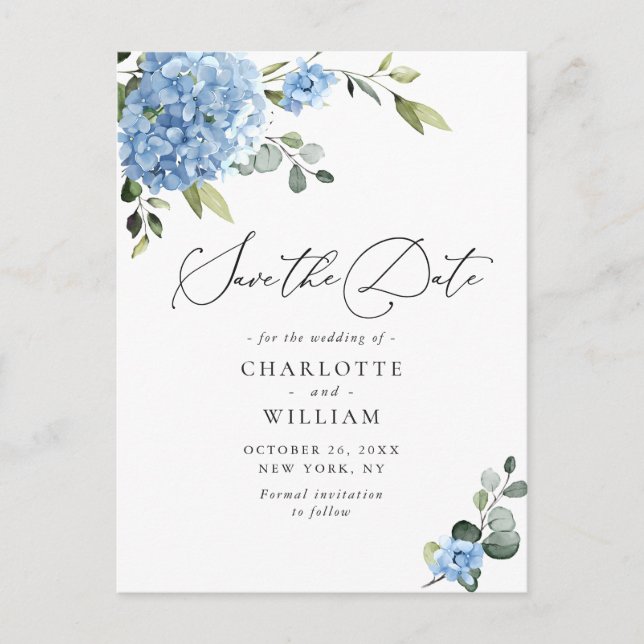 Carte Postale Elégant Blue Hydrangea Wedding Enregistrer la date (Devant)