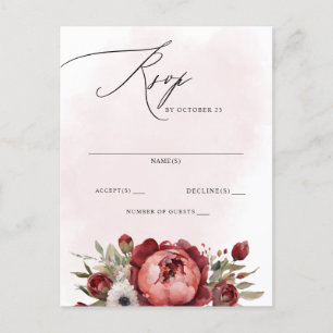 Carte Postale Elégant Boho Bourgogne Blush Floral RSVP