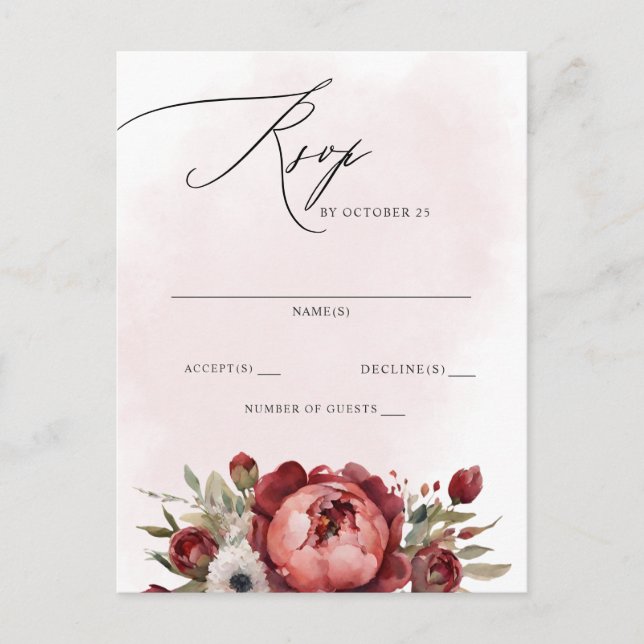 Carte Postale Elégant Boho Bourgogne Blush Floral RSVP (Devant)
