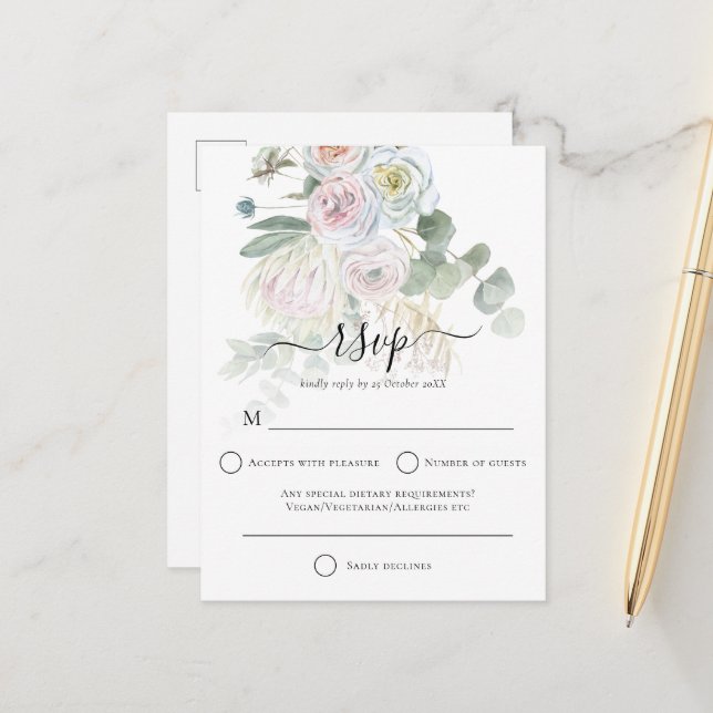 Carte Postale Elégant Boho Florals Eucalyptus Mariage RSVP (Devant/Arrière en situation)