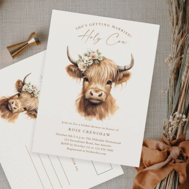 Carte Postale Élégant Boho Highland Cow Enterrement de Vie de Je (Boho highland cow bridal shower invitaiton postcard.)