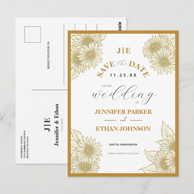 Carte Postale Élégant Boho Sunflower Botanique Enregistrer La Da (Devant / Derrière)