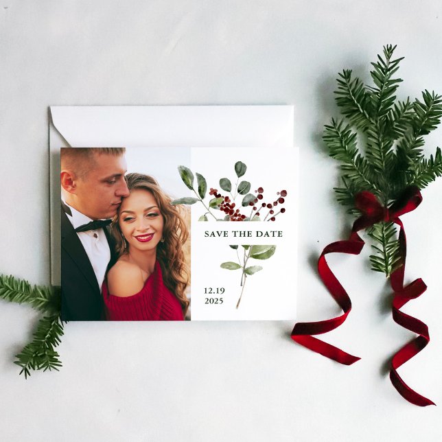 Carte Postale Elégant Bouquet | Vacances Enregistrer la date ave (A simple and minimalist Christmas holiday wedding save the date with your photo)