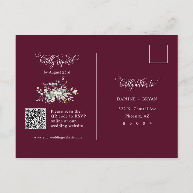 Carte Postale Elegant Bourgogne Vert Feuilles QR Code Adresse RS (Dos)