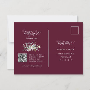 Carte Postale Elegant Bourgogne Vert Feuilles QR Code Adresse RS