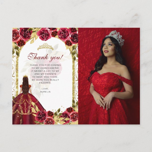 Carte Postale Élégant budget Rouge Floral photo Quinceañera (Devant)