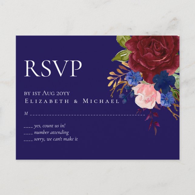 Carte Postale Elégant Burgundy Bleu Floral Budget Mariage RSVP (Devant)