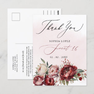 Carte Postale Élégant Burgundy Blush Floral Sweet 16 Merci