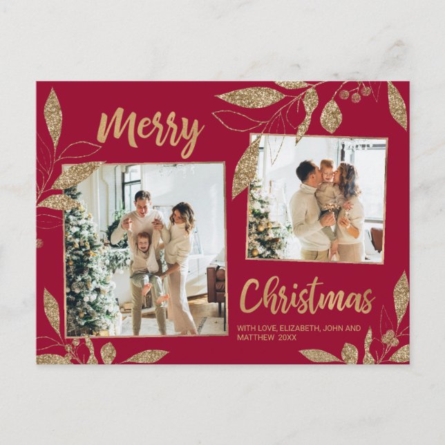 Carte Postale Élégant Burgundy Gold Botanique 2 Photo Noël (Devant)