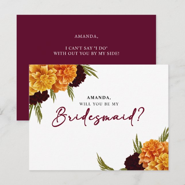Carte Postale Elegant Burgundy Red Watercolor MARIGOL Bridesmaid (Devant / Derrière)