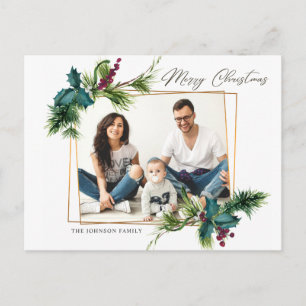 Carte Postale Elégant cadre de Noël Holly Pine Photo Grey