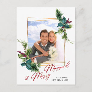 Carte Postale Elégant cadre de Noël Holly Pine Photo Grey