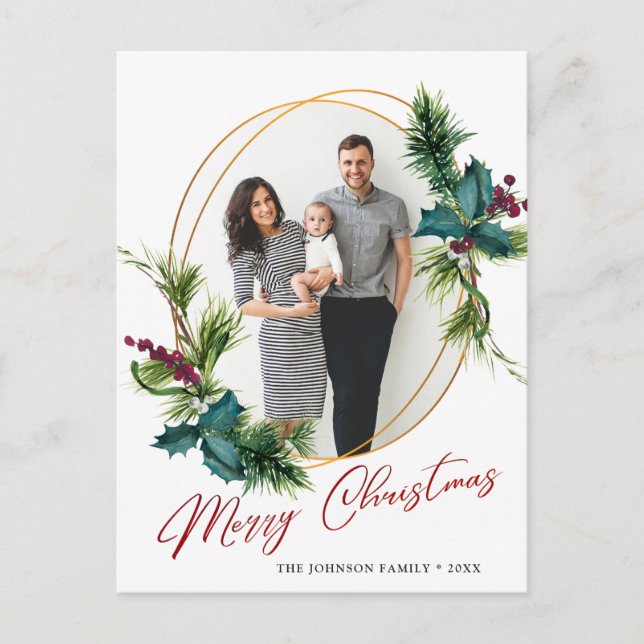 Carte Postale Elégant cadre de Noël Holly Pine Photo Grey (Devant)