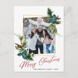 Carte Postale Elégant cadre de Noël Holly Pine Photo Grey
