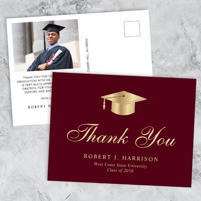 Carte Postale Élégant Casquette de la Gold Grad photo Merci de g (An elegant photo graduation thank you card to show gratitude to friends and family for their support)