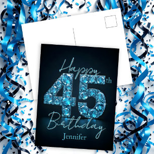 Carte Postale Élégant Chic Bleu Saphir et Noir 45e Anniversaire