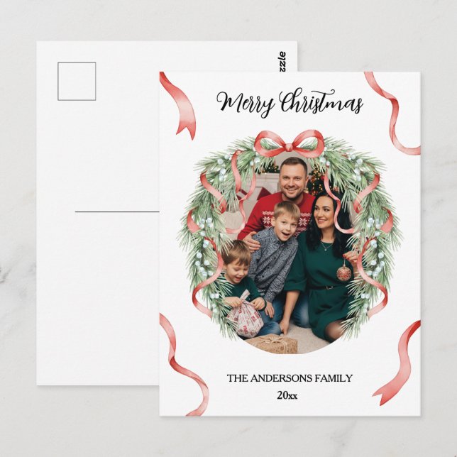 Carte Postale Elegant Christmas Wreath Bow Custom Family Photo (Devant / Derrière)