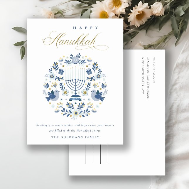 Carte Postale Elégant Classy Navy Blue Happy Hanoukka Floral (Créateur téléchargé)