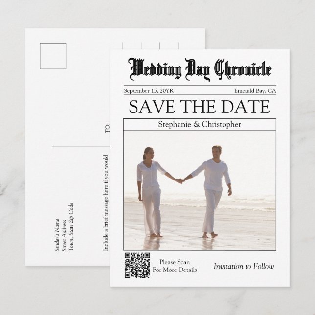 Carte Postale Élégant Code QR de Mariage de Journal Enregistrez  (Devant / Derrière)