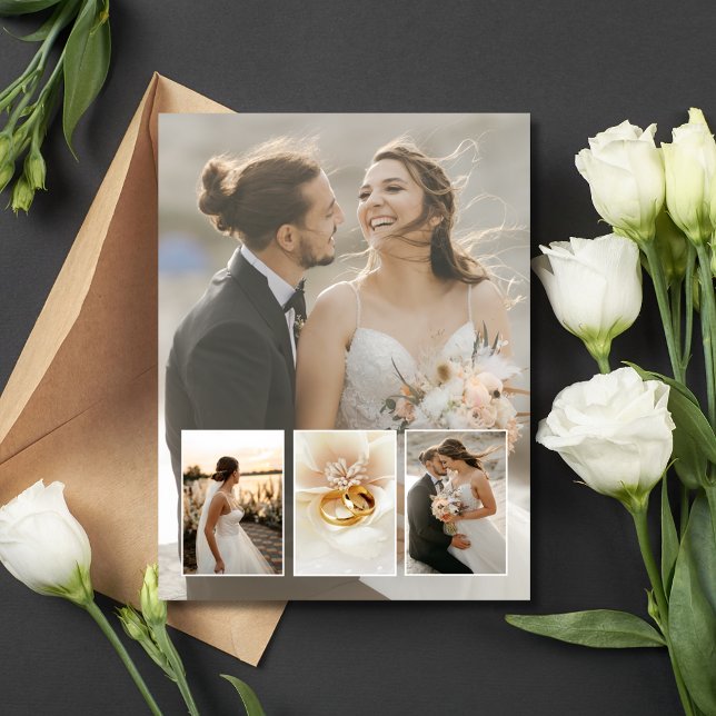 Carte Postale Élégant Collage de 4 Photos Mariage Remerciements (Elegant 4 Photo Collage Wedding Thank You Postcard)