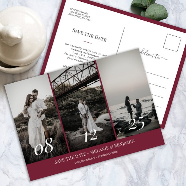 Carte Postale Élégant Collage photo Rose rose Enregistrer la dat (Elegant Photo Collage Rose Pink Save the Date Postcard)