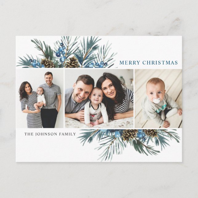 Carte Postale Élégant cônes de pin de Noël 3 voeux photo (Devant)