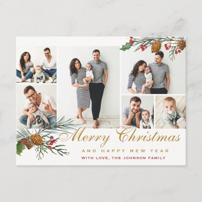 Carte Postale Élégant cônes de pin de Noël 6 voeux photo (Devant)