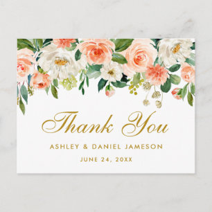 Carte Postale Élégant Coral Floral Mariage or Merci