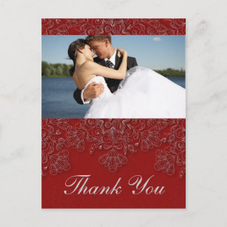 Carte Postale Elégant cramoisi floral mariage photo merci