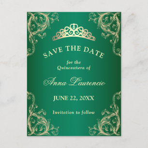 Carte Postale Elegant Damask Green Quinceanera Enregistrer La Da