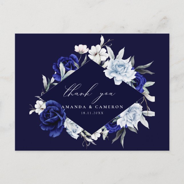 Carte Postale Elégant Dusty Blue Navy Floral Mariage Merci (Devant)