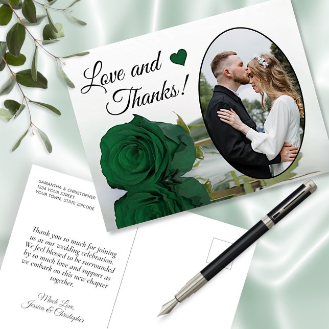Carte Postale Élégant Emerald Green Rose Mariage Amour & Merci (Créateur téléchargé)