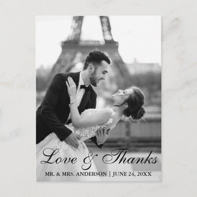Carte Postale Elégant et moderne Mariage Photo Love and Thanks (Devant)