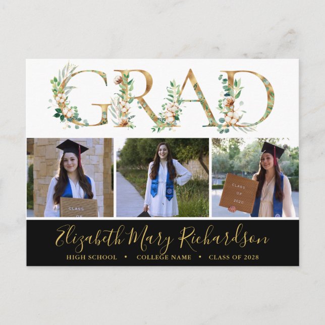 Carte Postale Elégant Eucalyptus Gold Script 3 Photo Graduation (Devant)