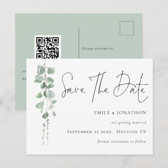 Carte Postale Élégant Eucalyptus QR Code Script Enregistrer La D (Devant / Derrière)