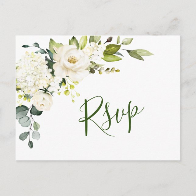 Carte Postale Elégant Eucalyptus Roses Blanches Mariage RSVP (Devant)