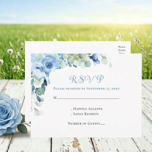 Carte Postale Élégant Faire-Part de Mariage aux Roses Bleues Aqu