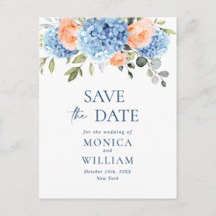 Carte Postale Élégant Faire-Part de Mariage Hydrangea Bleu