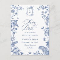 Élégant Faire-Part de Mariage Toile de Jouy Bleue
