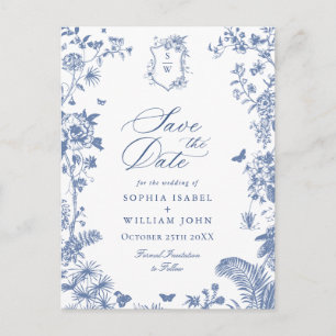Carte Postale Élégant Faire-Part de Mariage Toile de Jouy Bleue 