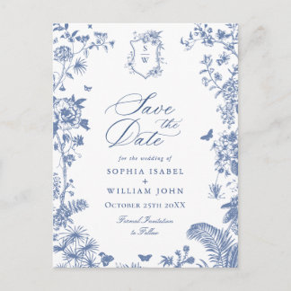 Carte Postale Élégant Faire-Part de Mariage Toile de Jouy Bleue