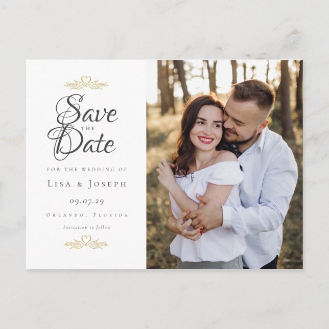 Carte Postale Élégant faire-part de photo de mariage Script Save (Devant)