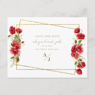 Carte Postale Élégant Fleurs Rouges et Or Mariage Enregistrer la