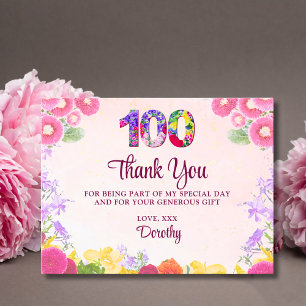 Carte Postale Elégant floral 100e anniversaire Pastel 100 Merci