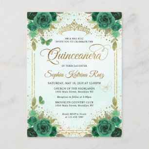 Carte Postale Élégant Floral Emerald Green Glam Gold Quinceañera