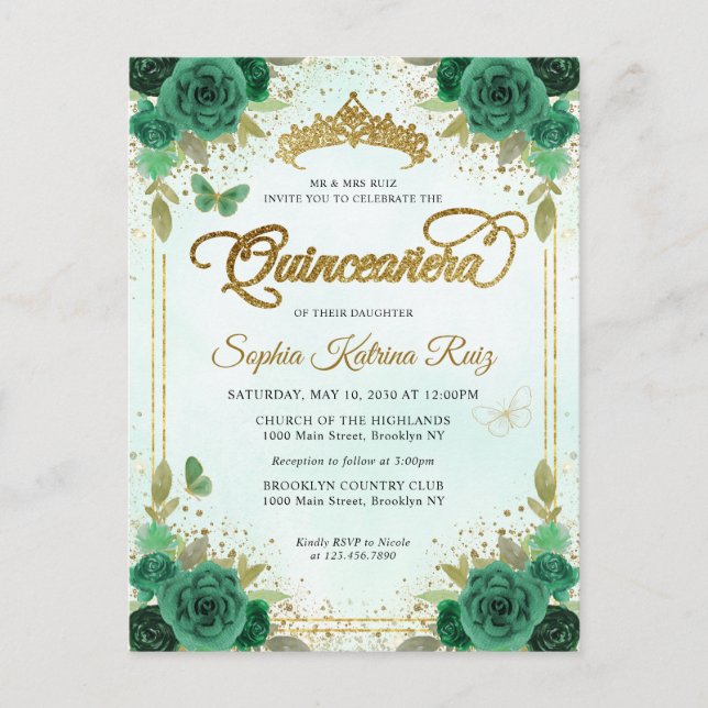 Carte Postale Élégant Floral Emerald Green Glam Gold Quinceañera (Devant)