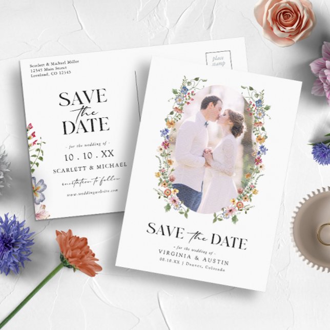 Carte Postale Élégant Floral Enregistrer La Date (Colorful Wildflower Wedding Invitation and Gifts Collection by Painted Paperie
)