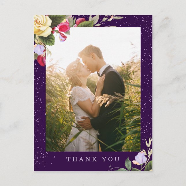 Carte Postale Élégant Floral foncé violet Mariage photo Merci (Devant)