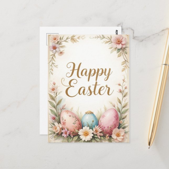 Carte Postale Elégant Floral Happy Easter Greeting (Devant/Arrière en situation)