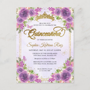 Carte Postale Elégant Floral Lumière Purple Or Tiara Quinceañera